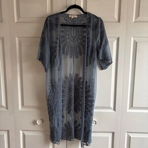 Rebellion Again Boho Duster Open Front Blue Embroidery CoverUp XS Fairy Romantic